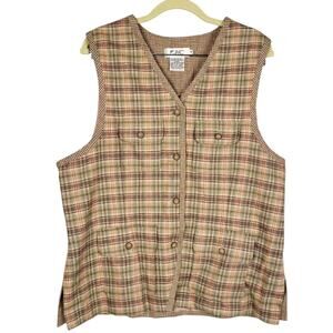 JHC Vintage Plaid Button Up Retro 90s‎ Linen Cotton Blend Vest Sz 16 Breathable